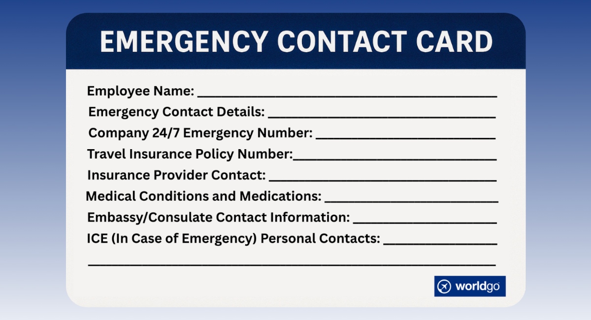 Emergency contact card template for business travelers showing essential travel insurance and medical information fields