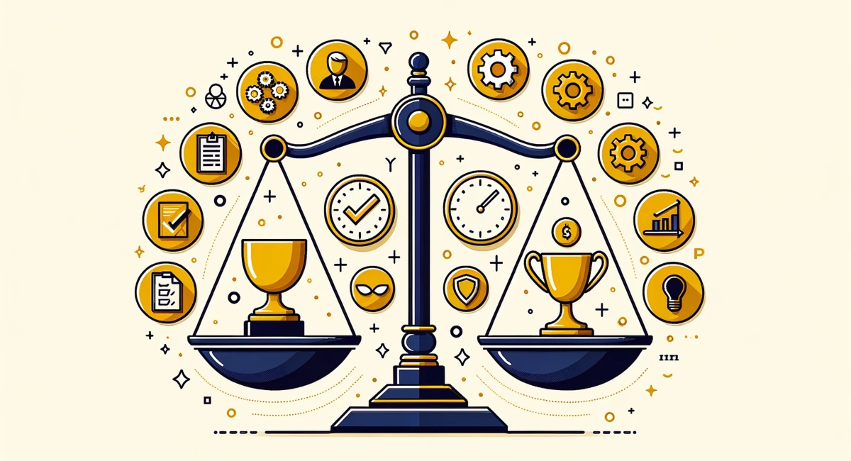 Icons representing a balance scale with metrics for business analytics in Travel