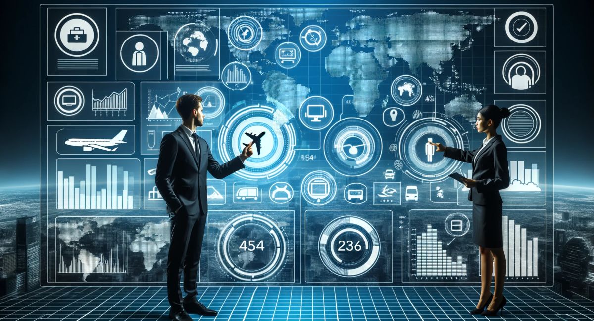 A male and female business professional analyzing charts and graphs featuring travel data