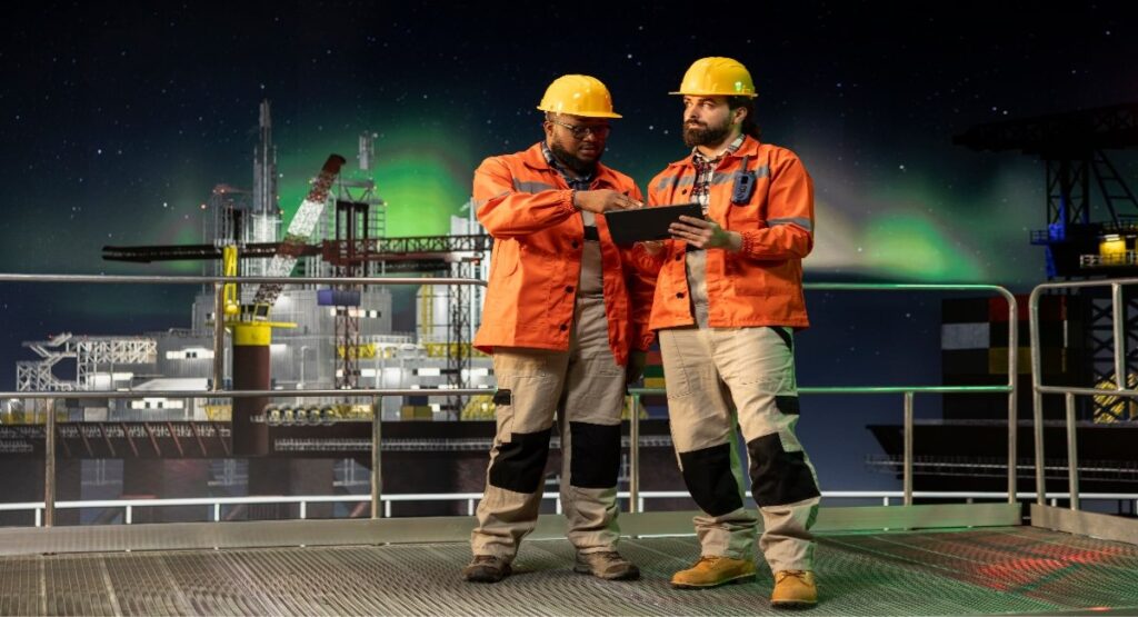 Two offshore crew workers in orange PPE reviewing safety data on a tablet at night on an oil platform