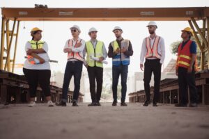 A group of construction workers, wearing hard hats and safety vests, stand together at a construction site. The crew is standing on a platform beneath a large crane, with a building in the background.