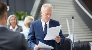 Business traveller reviewing documents at a Canadian airport gate